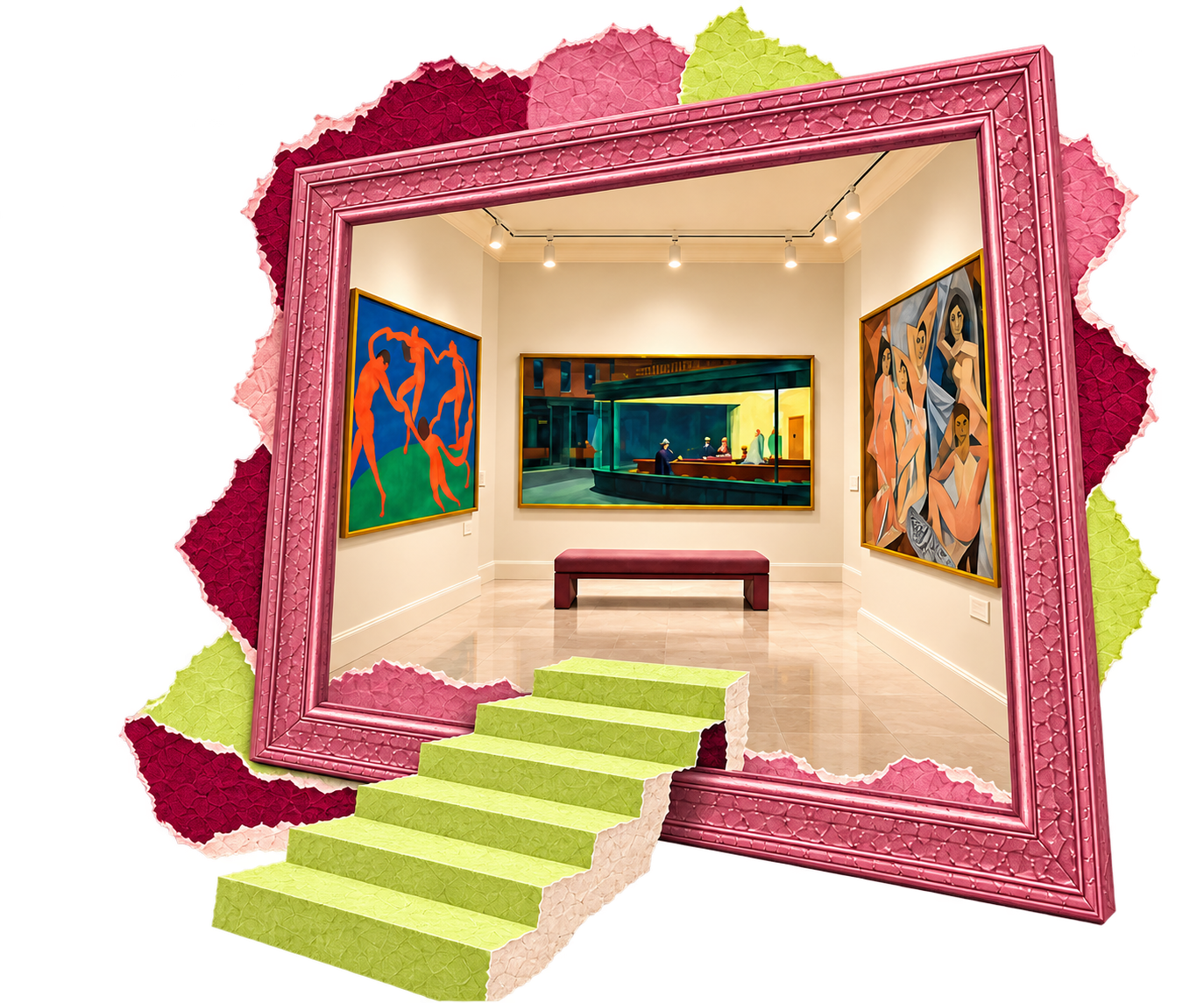 A rose gallery frame with citron paper stairs, opening onto paintings by Matisse, Hopper and Picasso
